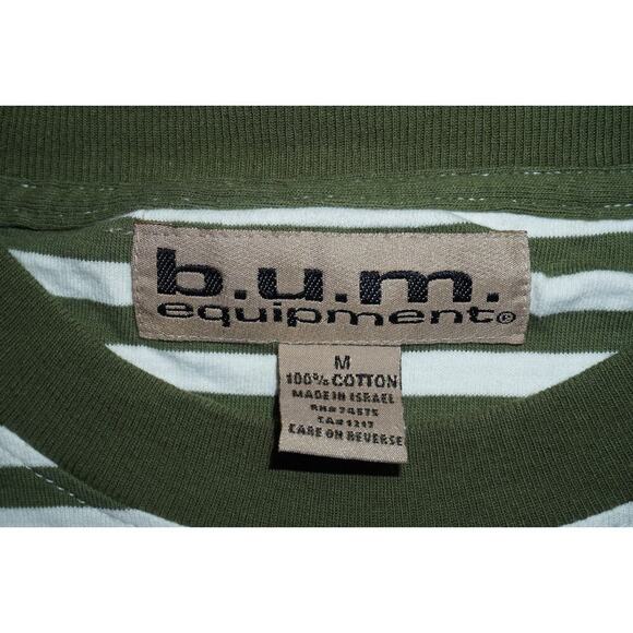 Vintage B.U.M. Equipment Striped T-Shirt Green White Logo Spellout 90s Size M - Picture 3 of 4